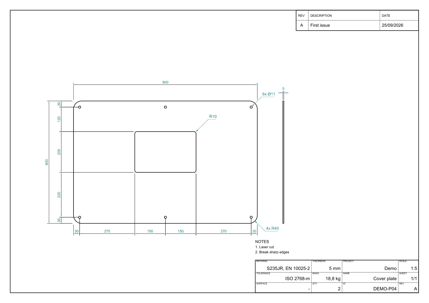 Työkuva: kansilevy 900 x 600 x 5 mm aukolla